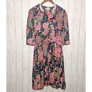 Vintage Floral Paisley Button Front Midi Dress Size 14 Cottagecore 90s Grunge